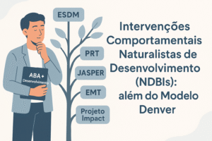 Ilustração conceitual em estilo flat design mostrando um profissional diante de várias ramificações representando diferentes modelos de Intervenções Comportamentais Naturalistas de Desenvolvimento (NDBIs), como ESDM, PRT, JASPER, EMT e Projeto Impact. A imagem transmite a ideia de que o Modelo Denver é apenas um entre muitos, com destaque para a integração entre ABA e desenvolvimento infantil.
