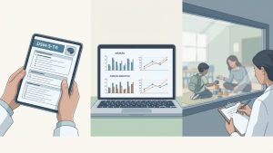 ustração mostrando três etapas do processo diagnóstico em transtornos do neurodesenvolvimento: um profissional analisando critérios do DSM-5-TR em um tablet, gráficos de atenção e funções executivas em um laptop e uma observação clínica de uma criança em interação com uma profissional, vista por um avaliador registrando anotações.