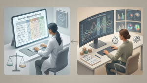 Ilustração mostrando a diferença entre avaliação neuropsicológica e diagnóstico formal: um profissional analisando critérios diagnósticos enquanto gráficos de desempenho cognitivo aparecem ao lado, representando funções executivas e atenção.