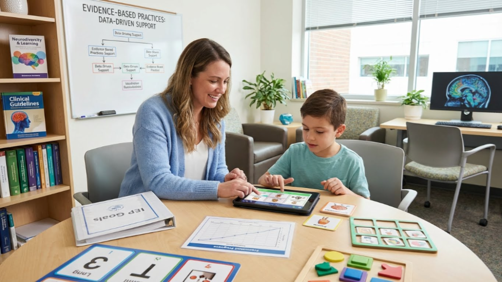 Profissional de educação aplicando uma intervenção baseada em evidências com uma criança neurodivergente, utilizando tecnologia assistiva em tablet, materiais pedagógicos estruturados e acompanhamento de metas educacionais em um ambiente escolar especializado.