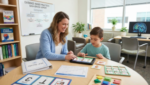 Profissional de educação aplicando uma intervenção baseada em evidências com uma criança neurodivergente, utilizando tecnologia assistiva em tablet, materiais pedagógicos estruturados e acompanhamento de metas educacionais em um ambiente escolar especializado.