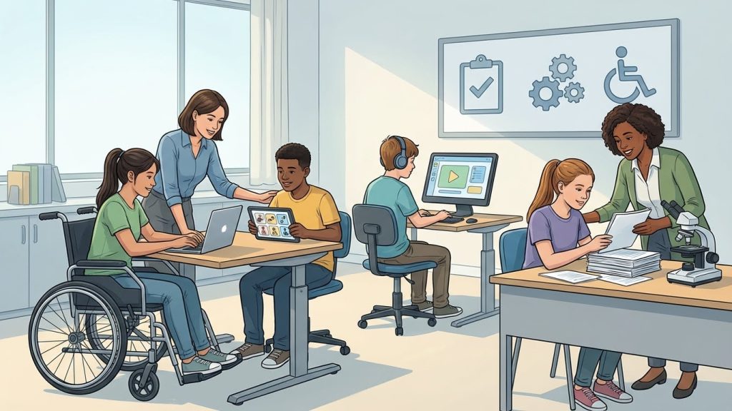 Ilustração de uma sala de aula inclusiva com estudantes diversos utilizando diferentes recursos de acessibilidade e tecnologia assistiva. Uma professora auxilia uma estudante cadeirante usando notebook, enquanto outro estudante usa um tablet com comunicação alternativa. Um aluno autista trabalha no computador com fones abafadores e uma profissional orienta outra estudante em suas atividades. O ambiente demonstra colaboração, acessibilidade, apoio educacional e práticas alinhadas à Educação Especial e ao Atendimento Educacional Especializado (AEE).