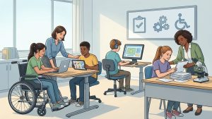 Ilustração de uma sala de aula inclusiva com estudantes diversos utilizando diferentes recursos de acessibilidade e tecnologia assistiva. Uma professora auxilia uma estudante cadeirante usando notebook, enquanto outro estudante usa um tablet com comunicação alternativa. Um aluno autista trabalha no computador com fones abafadores e uma profissional orienta outra estudante em suas atividades. O ambiente demonstra colaboração, acessibilidade, apoio educacional e práticas alinhadas à Educação Especial e ao Atendimento Educacional Especializado (AEE).