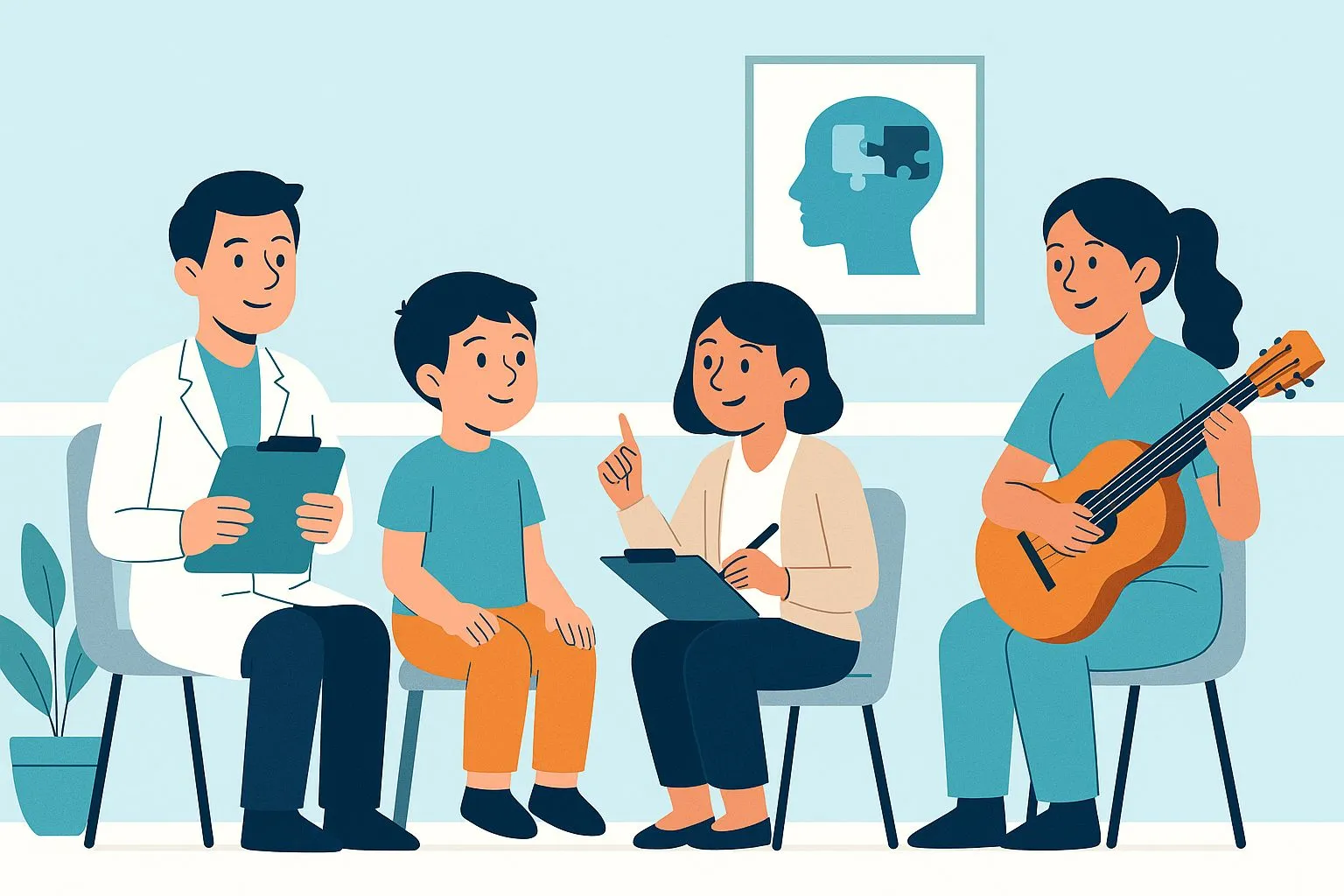 Ilustração digital de uma equipe multidisciplinar composta por profissionais da saúde e educação, representando psicólogo, fonoaudiólogo, terapeuta ocupacional, psicopedagogo e musicoterapeuta reunidos para intervenção ABA com crianças autistas.