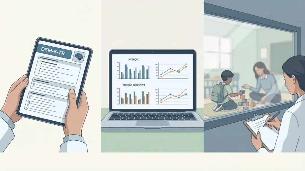 ustração mostrando três etapas do processo diagnóstico em transtornos do neurodesenvolvimento: um profissional analisando critérios do DSM-5-TR em um tablet, gráficos de atenção e funções executivas em um laptop e uma observação clínica de uma criança em interação com uma profissional, vista por um avaliador registrando anotações.