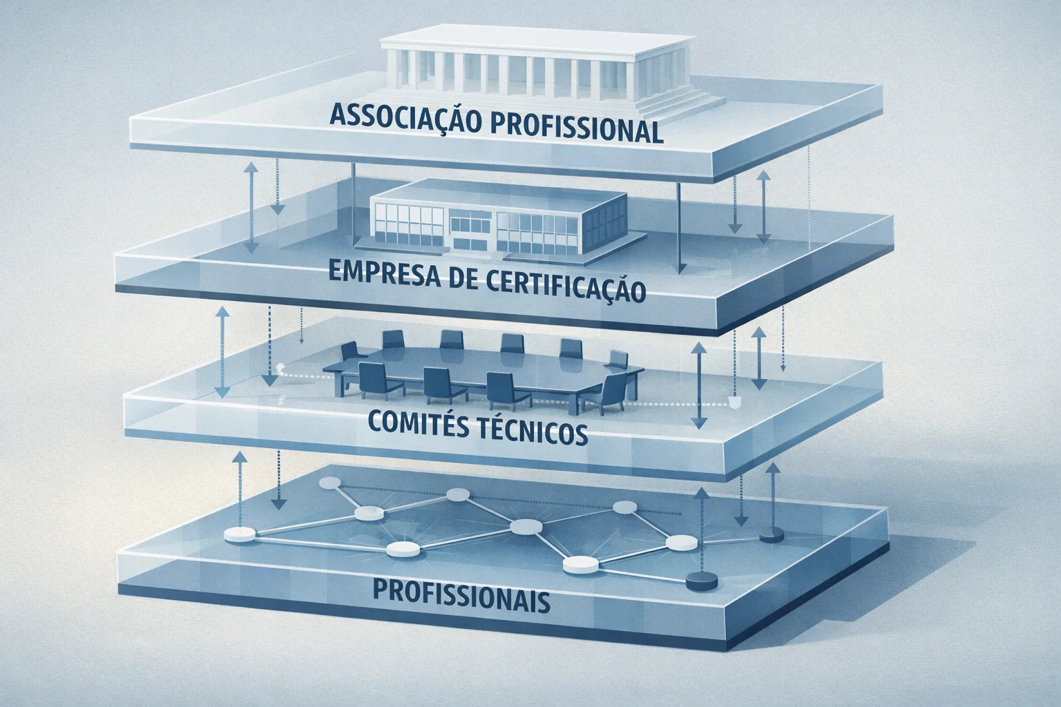Ilustração da estrutura institucional da certificação CABA-BR, mostrando associação profissional, empresa certificadora, comitês técnicos e profissionais.