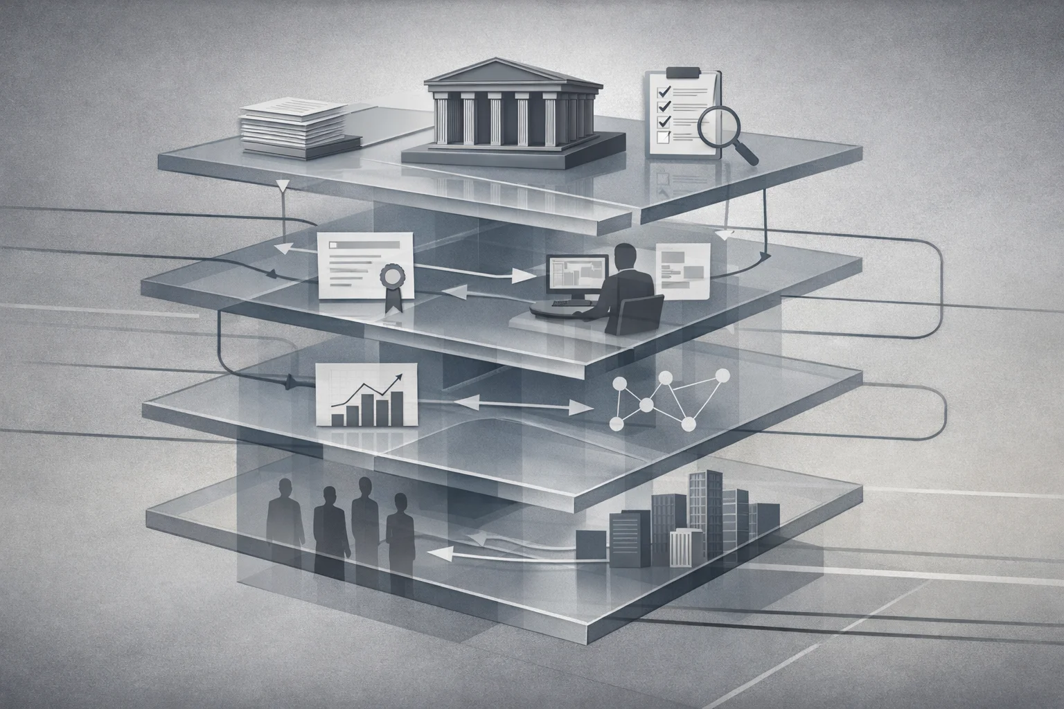 Ilustração da estrutura institucional da certificação IBAO, destacando camadas de governança, supervisão e avaliação profissional em ABA.